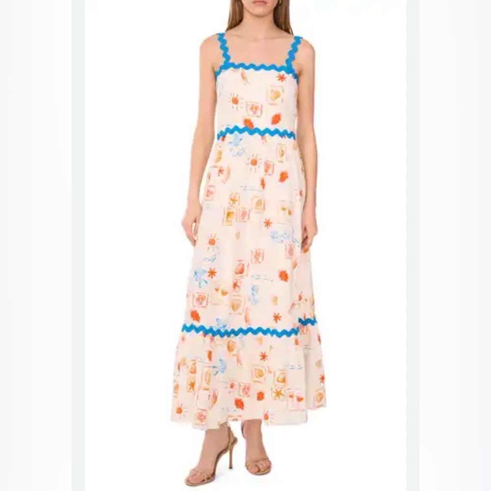 CeCe White Dress with Blue and Orange Accents size S with pockets